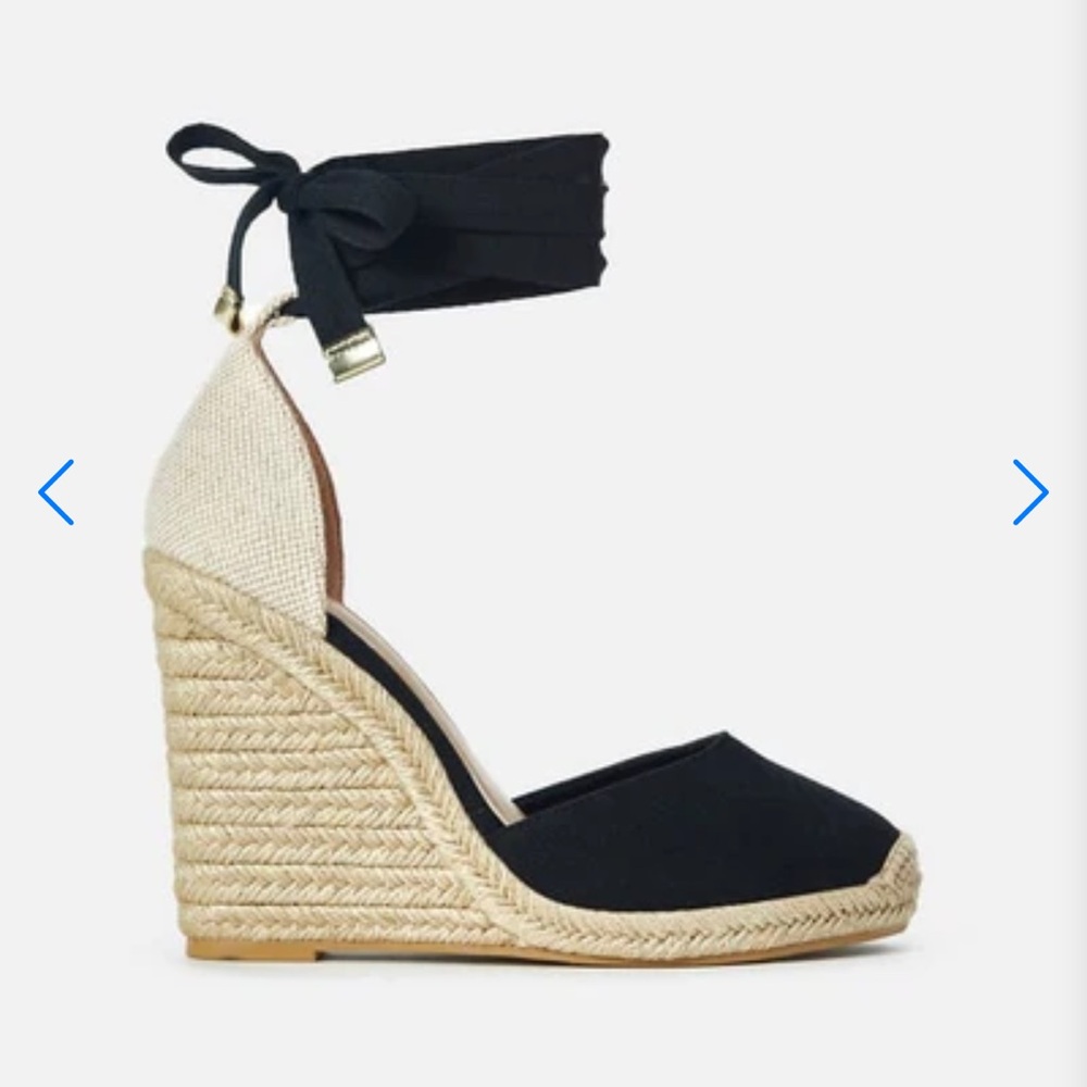 Shoe Dazzle Black and Tan Espadrille Wedges